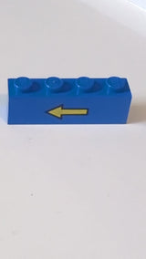 1x4 Stein mit gelbem Pfeil nach links und schwarzem Randmuster blau