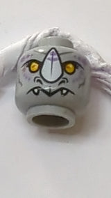 Minifigur, Kopf doppelseitig, Alien Chima Nashorn mit orangefarbenen Augen und weißem Horn, neutrales/wütendes Muster „Rogon“ neuhellgrau