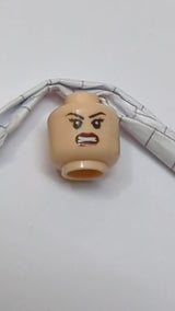 Minifigur, Kopf, doppelseitig, weiblich, schwarze Augenbrauen, Wimpern, dunkelrote Lippen, Grinsen/Zähne zeigend hellnougat (fleischfarben)