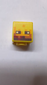 Kopf, modifizierter Würfel mit pixeligem Feuer- und schwarzen Augenmuster (Minecraft Blaze) gelb