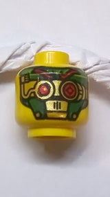 Kopf doppelseitige weibliche schwarze Augenbrauen, Wimpern, braune Lippen / grüner und goldener Roboter, rotes Augen- und Augenbrauenmuster gelb