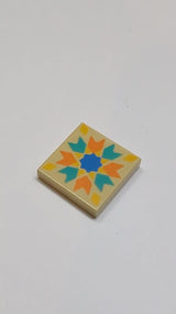 NEU Fliese 2 x 2 mit orangefarbenen und dunkel türkisfarbenen Chevron-Mustern, gelben Rauten, blauem Sternmuster beige