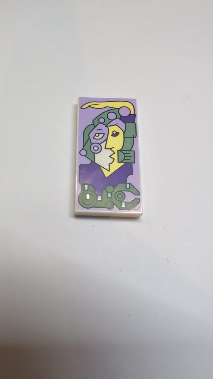 NEU Fliese 2 x 4 mit modernem Kubismus-Gemälde mit Lavendel, Sandgrün und Dunkellila im Picasso-Stil Porträtmuster Weiß