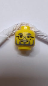 Kopf Dunkelgrau mit buschigen Augenbrauen, dünnem Schnurrbart und Vollbart, Brille mit schwarzem Gestell, Grinsen-Muster gelb