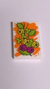 NEU Fliese 2 x 3 mit Gemälde von gelben und magentafarbenen Blumen mit Limettenblättern auf orangefarbenem Hintergrundmuster weiß