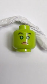Minifigur, Kopf doppelseitig, Alien weiblich, SW Twi'lek mit schwarzen Augenbrauen, einzelnen Wimpern, strahlend grünen Augen, nougatfarbenen Lippen, schief lächelndem offenen Mund mit Zähnen / neutrales Muster lindgrün