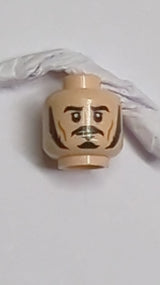 Minifigur, Kopf beidseitig bedruckt, Herr der Ringe Bard, lange schwarze Koteletten, Schnurrbart, Kinnbart, mürrisches / wütendes Muster nougat (hell)