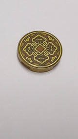 NEU Fliese, rund 2 x 2 mit unterem Noppenhalter mit Gold- und Gelb-4-Blüten-Design und Quadrat auf dunkelorangefarbenem Hintergrundmuster (Münze) pearlgold