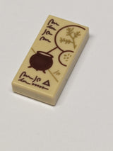 NEU Tile 1 x 2 with Groove with Dark Brown Text, Dark Orange Cauldron, and Dark Tan Spell Ingredients Pattern beige tan