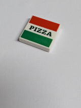 NEU Tile 2 x 2 with Groove with Red and Green Stripes and Dark Green 'PIZZA' Pattern (Pizza Box) weiss white