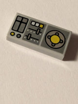 NEU Tile 1 x 2 with Groove with Vehicle Control Panel, Silver Sliders, Yellow Buttons, Dark Bluish Gray Panels Pattern neuhellgrau light bluish gray