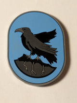 NEU Tile, Round 6 x 8 Oval with Ravenclaw Crest with Black and Pearl Dark Gray Eagle and Rock with Roots on Medium Blue Background Pattern pearlsilber flat silver