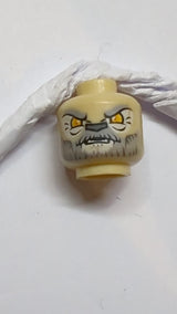 Minifigur, Kopf doppelseitiger Alien Chima Löwe mit orangefarbenen Augen und grau-weißem Bart, geschlossenes Maul / offenes Maul Muster "Lagravis"  beige