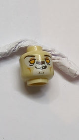 Minifigur, doppelseitiger Alien-Chima-Löwe mit schwarzen Augenbrauen, leuchtend orangefarbenen Augen, mittelbraunem Lidschatten und Wangenlinien, dunkelbrauner Nase, schiefem Grinsen mit spitzen oberen Zähnen und überraschtem, offenem Mund beige