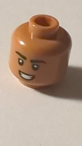 NEU Minifigure, Head Dual Sided, Black Eyebrows, Smile with Teeth / Grin with Raised Eyebrow Right Pattern - Hollow Stud
