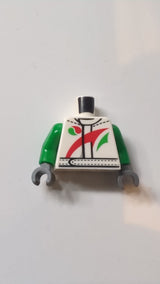 Torso Octan Logo Jacke mit rot-grünem Streifenmuster / Grüne Ärmel / Dunkelblaugraue Hände weiß