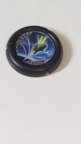 Wurfscheibe Disk mit Throwbot-Jet-Motiv / Slizer-Judge-Symbol (4 Punkte), LEGO Technic Logo und fliegenden Boxen im Weltraummuster schwarz