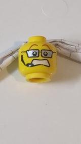 Minifigur, Kopf, doppelseitige silberne Brille, Headset, lächelndes/ängstliches Muster gelb