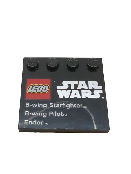 4x4 Fliese modifiziert mit 4 Noppen bedruckt mit LEGO Star Wars Logo, 'B-wing Starfighter', 'B-wing Pilot', and 'Endor' schwarz black