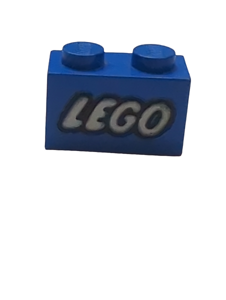 1x2 Stein bedruckt mit LEGO Logo Closed O Style White with Black Outline Pattern blau blue