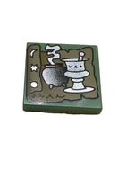 2x2 Fliese bedruckt with HP Tan Scroll, Black Cauldron and Silver Mortar and Pestle Pattern sandgrün sand green