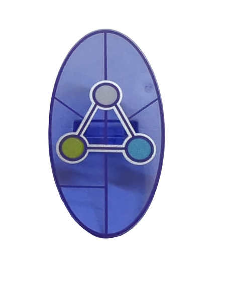 Minifigur Schild Oval mit Dimensions Keystone Symbol with White, Lime and Medium Azure Circles Pattern bedruckt transparent lila