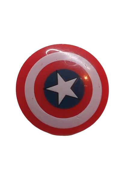 Minifigur Schild rund mit weißem Ring, Stern im dunkelblauen Kreismuster (Captain America) bedruckt rot