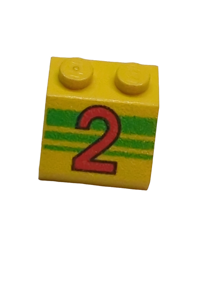 2x2 Dachstein 45° bedruckt with Red Number 2 and Green Stripes Pattern gelb yellow