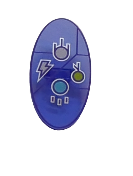 Minifigur Schild Oval mit Dimensions Keystone Symbol with White, Lime and Medium Azure Circles and Lightning Bolt Pattern bedruckt transparent lila