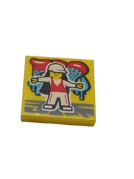 2x2 Fliese bedruckt with BeatBit Album Cover - Minifigure in White Cap and Red Tank Top Pattern gelb yellow