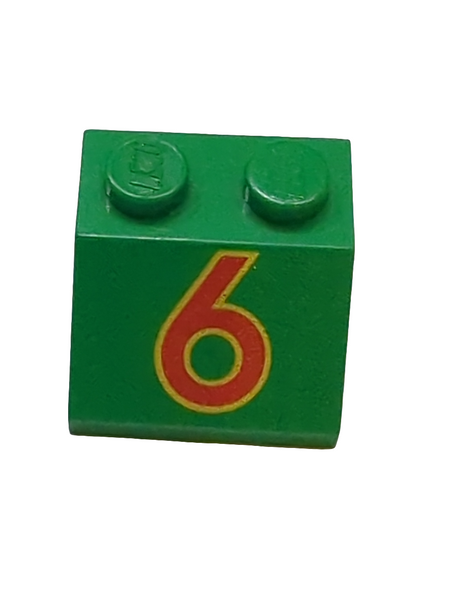 2x2 Dachstein 45° bedruckt with Red Number 6 with Yellow Outline Pattern grün green