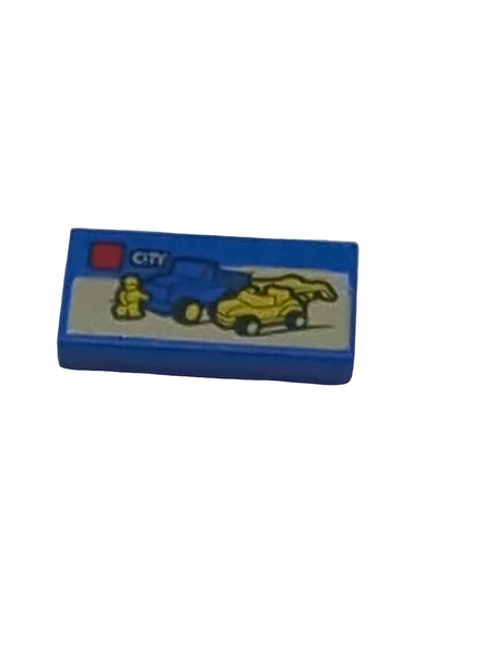 1x2 Fliese bedruckt with Lego Dune Buggy Transporter and 'CITY' Set Box blau blue