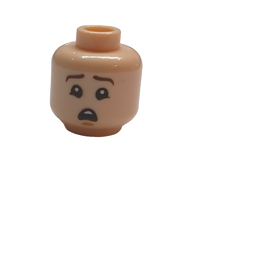 NEU Minifigure, Head Dual Sided Dark Brown Eyebrows, Lopsided Grin with Raised Left Eyebrow / Scared Pattern - Hollow Stud hellnougat light nougat