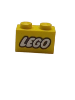 1x2 Stein bedruckt mit LEGO Logo Closed O Style White with Black Outline Pattern gelb yellow