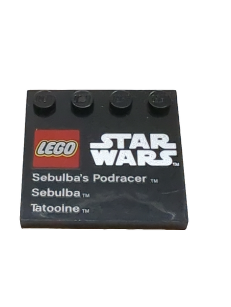 4x4 Fliese modifiziert mit 4 Noppen bedruckt mit LEGO Star Wars Logo, 'Sebulba's Podracer', 'Sebulba', und 'Tatooine' schwarz black