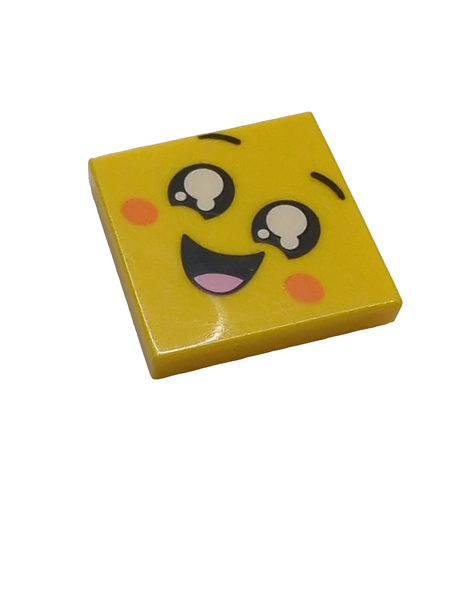 2x2 Fliese bedruckt with Face, Smile Open Mouth, Black Eyes with White Pupils, Raised Eyebrows, Orange Cheeks Pattern gelb yellow