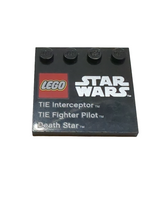 4x4 Fliese modifiziert mit 4 Noppen bedruckt mit LEGO Star Wars Logo, 'TIE Interceptor', 'TIE Fighter Pilot', and 'Death Star' schwarz black