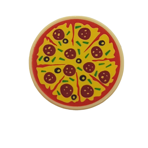 2x2 Fliese rund bedruckt with Bottom Stud Holder with Sliced Pizza with Red Tomato Sauce, Yellow Cheese, Dark Red Pepperoni, Black Olives, and Green Bell Peppers Pattern beige tan