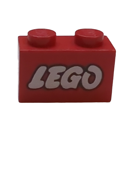 1x2 Stein bedruckt mit LEGO Logo Open O Style White with Black Outline Pattern rot red