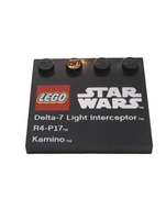 4x4 Fliese modifiziert mit 4 Noppen bedruckt mit LEGO Star Wars Logo, "Delta-7 Light Interceptor", "R4-P17" und "Kamino" schwarz black