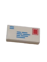 1x2 Fliese bedruckt with Dark Azure Lines and Red Rectangle (Mail Envelope with Stamp and Return Address) weiss white