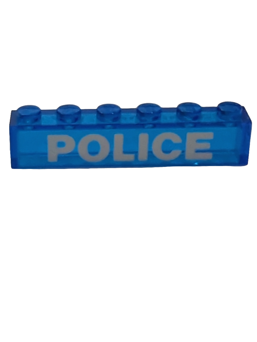 1x6 Stein ohne Tubes bedruckt with White 'POLICE' Sans-Serif Bold Pattern transparent dunkelblau trans-dark blue