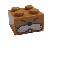 2x2 Stein bedruckt with Black Closed Eyes, Nose, and Whiskers, White Cheeks and Tooth Pattern (Super Mario Monty Mole Face) medium nougat medium nougat