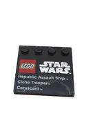 4x4 Fliese modifiziert mit 4 Noppen bedruckt mit LEGO Star Wars Logo, 'Republic Assault Ship', 'Clone Trooper', und 'Coruscant schwarz black