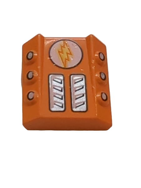 2x2 modifizierter Stein ohne Noppen with 6 Side Pistons Raised bedruckt mit Lightor Lightning Bolt Pattern orange