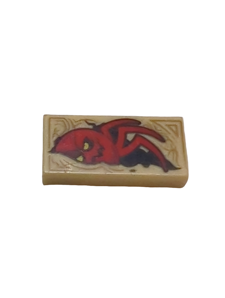 1x2 Fliese bedruckt with Dark Tan Markings and Red Spider Monster with Yellow Eyes Pattern (Nexo Knights Book of Revenge) beige tan