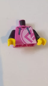NEU Kapuzenpullover mit mittelblauen Kordelzügen und weißem Kreis mit Symbol auf dunkelrotem Hemdmuster / schwarze Ärmel / gelbe Hände knallpink / dunkelpink