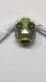 Minifigur, Kopf: Alien Chima Krokodil mit dunkelgrün umrandeten Augen und metallisch-silbernen Platten mit Nieten am Unterkiefer olivgrün