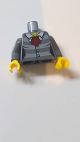 Damenjacke mit hellblaugrauen Streifen, 3 Knöpfen, dunkelrotem Schal und Rückendruckmuster / dunkelblaugraue Ärmel / gelbe Hände neudunkelgrau