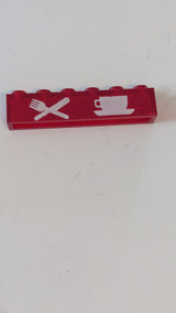 1x6 Stein ohne Bodenrohre mit weißem gekreuztem Messer- und Gabel-, Tassen- und Untertassenmuster transparent rot